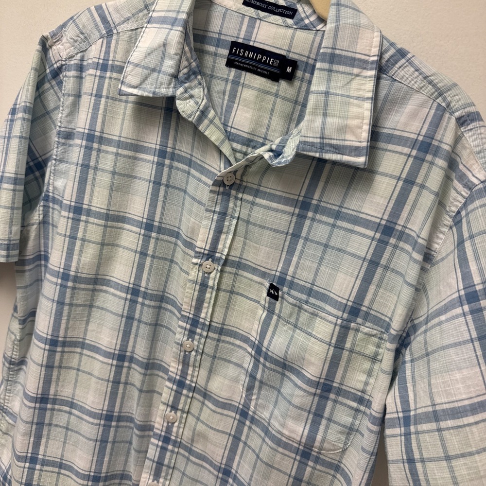 Fish Hippie Co. Rumfront‎ Collection Men's Blue Green Plaid Short Sleeve Shirt M